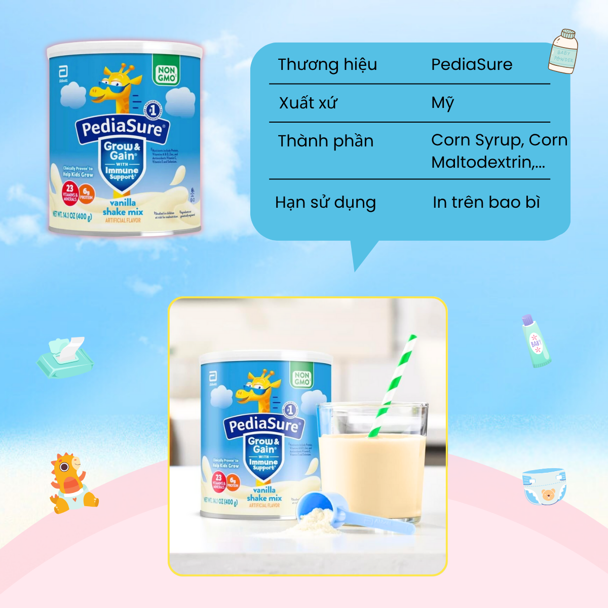 Sữa Bột PediaSure Mỹ Grow & Gain Hương Vani Giàu Dinh Dưỡng Phát Triển Trí Não Tăng Miễn Dịch Cho Trẻ Từ 1 Tuổi 400g - Ảnh 2
