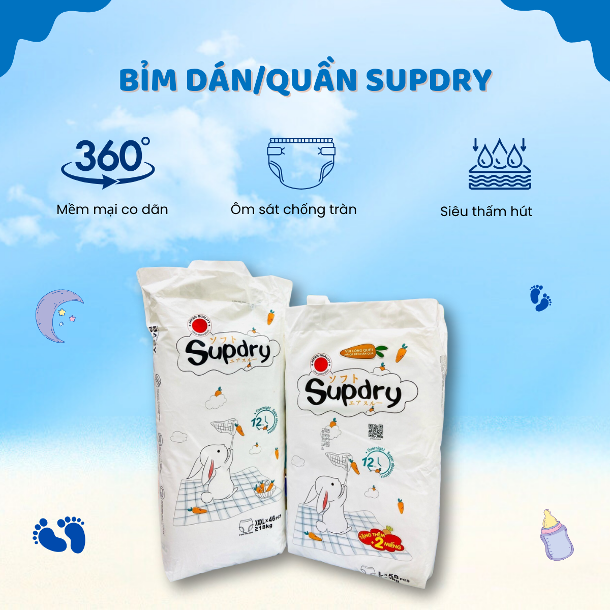 Bỉm SUPDRY Tã Quần Cao Cấp Siêu Thấm Hút Giữ Nước Hiệu Quả Bé Thoải Mái Vận Động