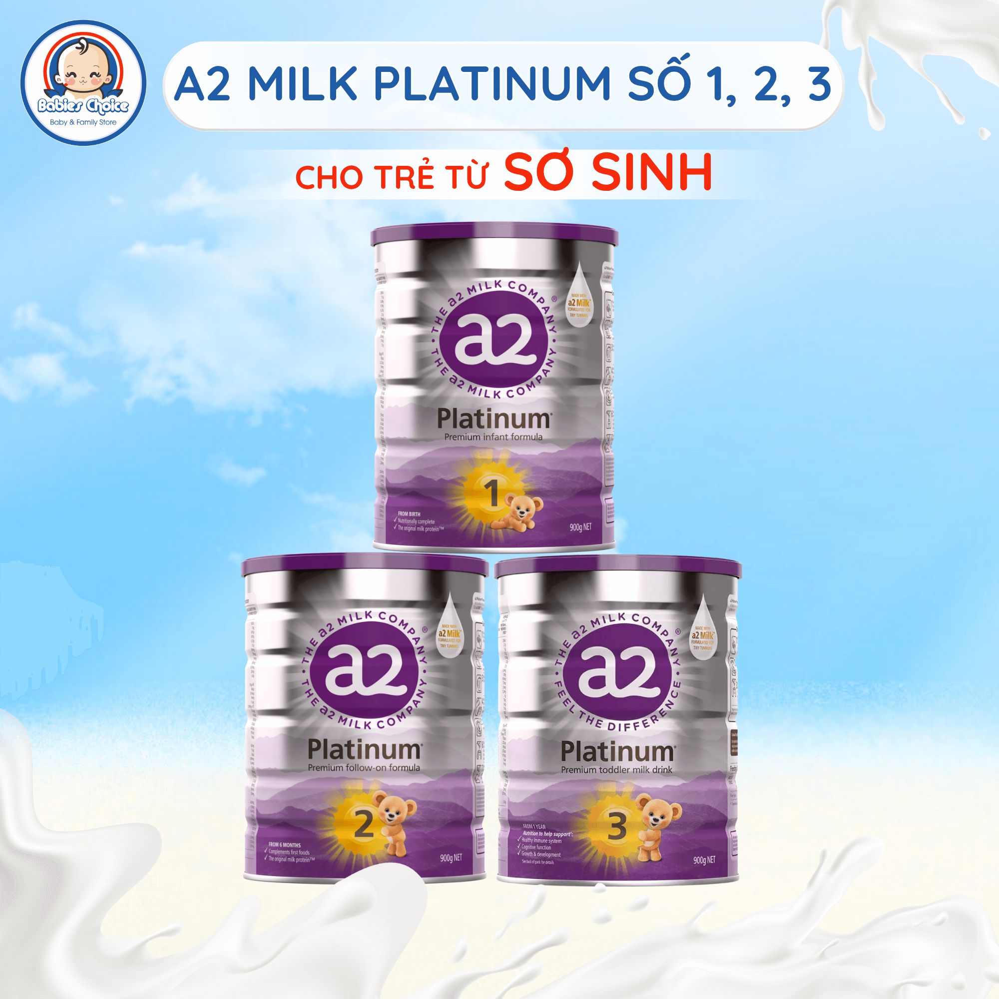 Sữa Bột Công Thức A2 Milk Platinum Số 1, 2, 3 Phát Triển Trí Não Tăng Miễn Dịch Hỗ Trợ Xương Răng Chắc Khoẻ 900g