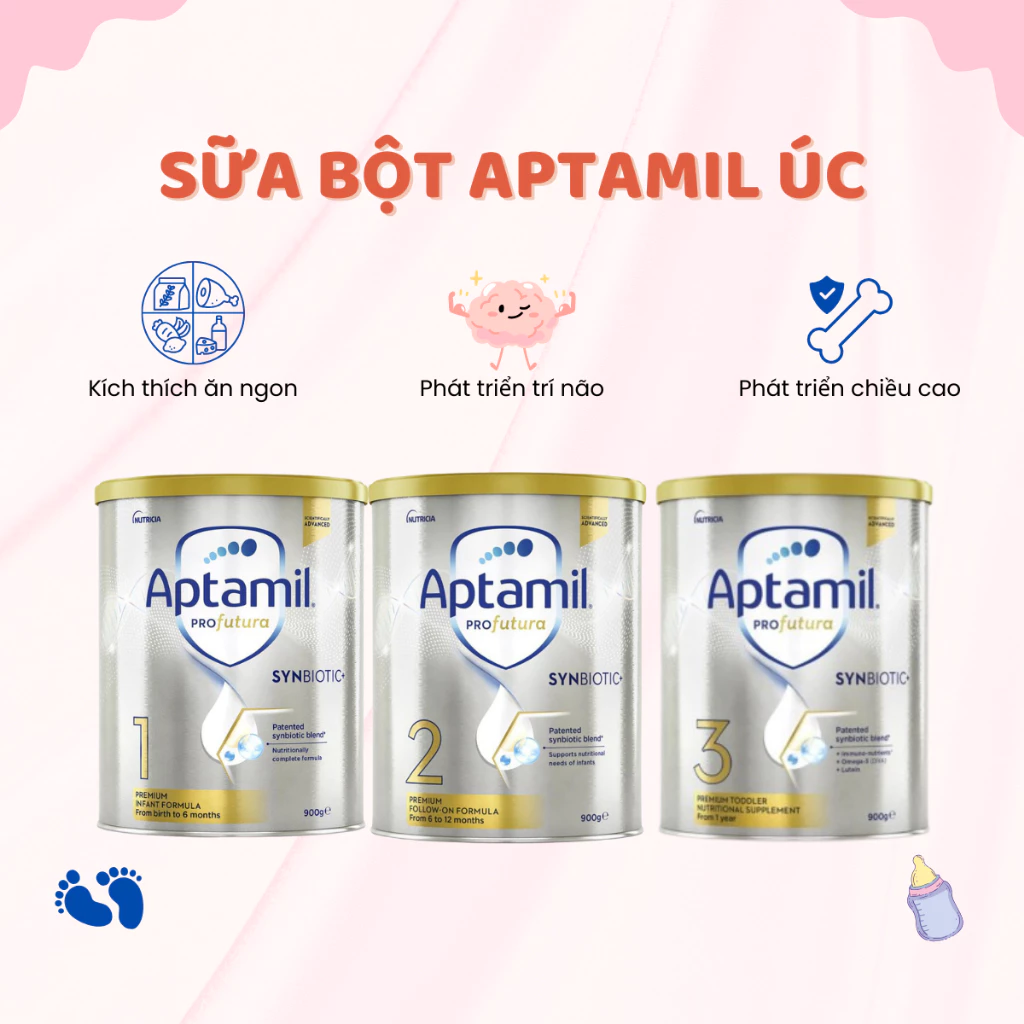 Sữa Aptamil Úc Số 1, 2, 3 Giàu Omega 3-6 Phát Triển Trí Não Chiều Cao Kích Thích Vị Giác Cho Bé Ăn Ngon Hộp 900gr