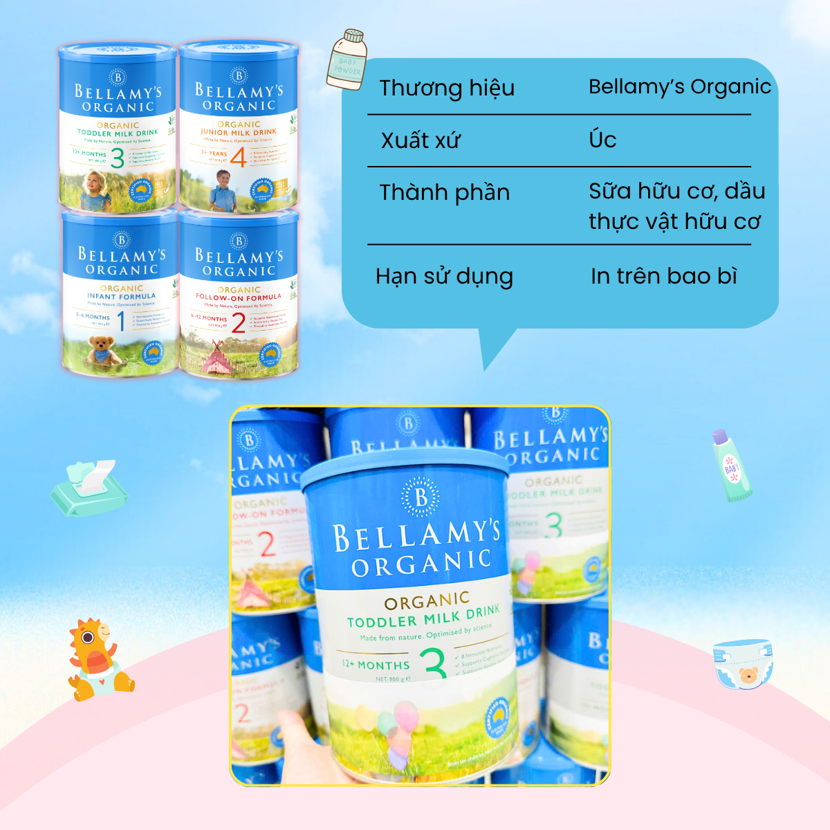 Sữa Bột Công Thức Bellamy’s Organic Đạm A1 Số 1 2 3 4 Phát Triển Trí Não Xương Răng Tăng Miễn Dịch 900g - Ảnh 2