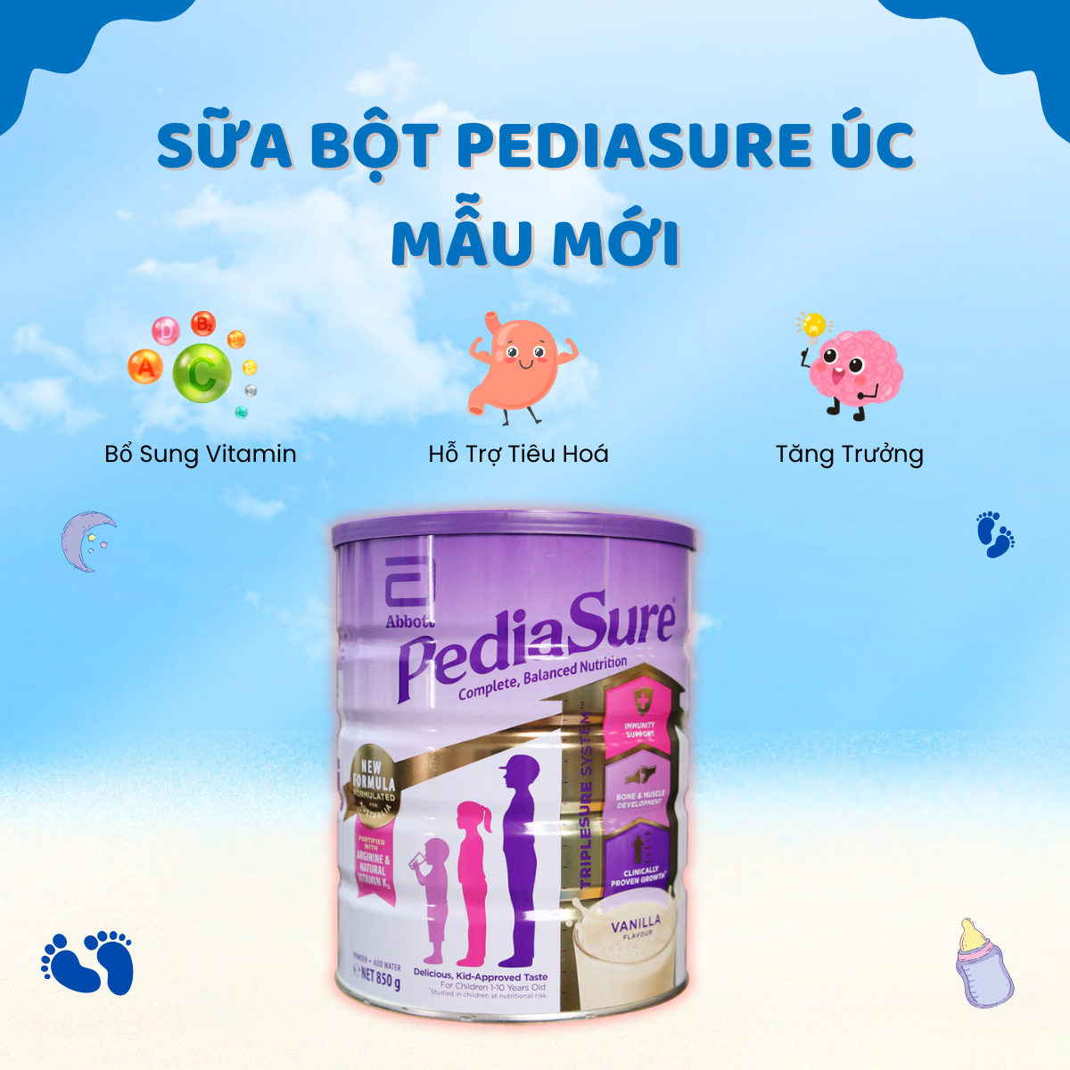 Sữa Bột PediaSure Úc Mẫu Mới 850g Giúp Tăng Sức Đề Kháng, Bổ Sung Vitamin Hỗ Trợ Tiêu Hoá Cho Bé