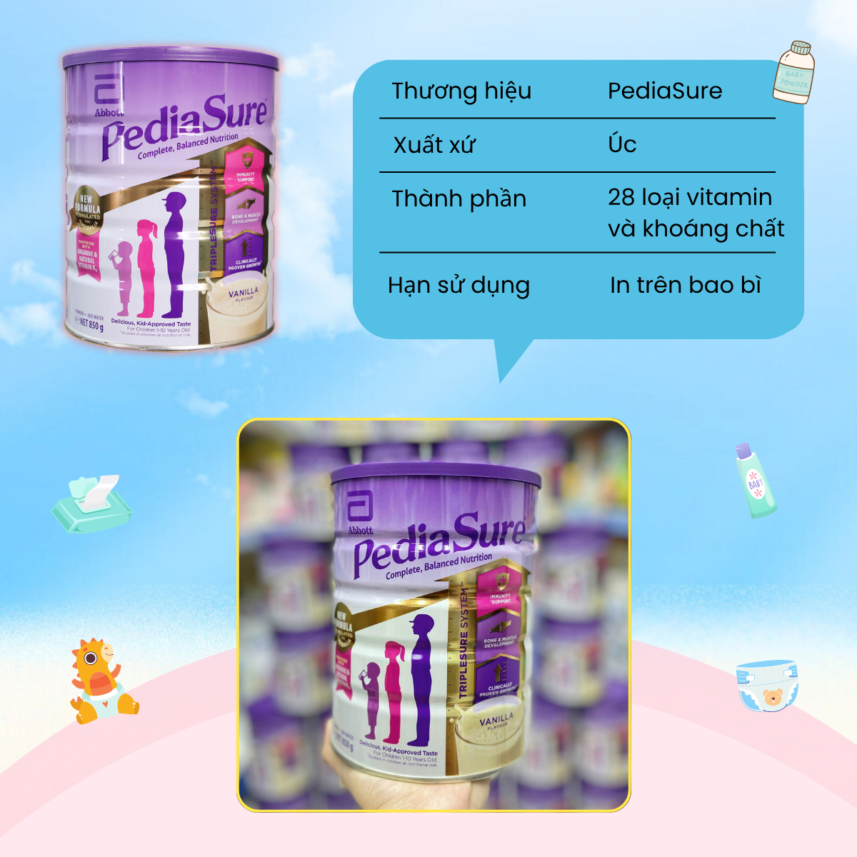 Sữa Bột PediaSure Úc Mẫu Mới 850g Giúp Tăng Sức Đề Kháng, Bổ Sung Vitamin Hỗ Trợ Tiêu Hoá Cho Bé - Ảnh 2