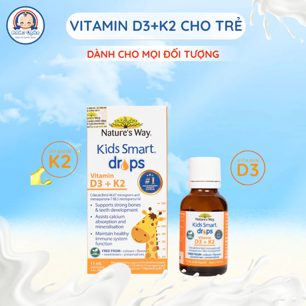 Vitamin D3+K2 Cho Trẻ Sơ Sinh Nature's Way Kids Smart Drops Hấp Thu Canxi Giúp Xương Răng Chắc Khoẻ 11ml